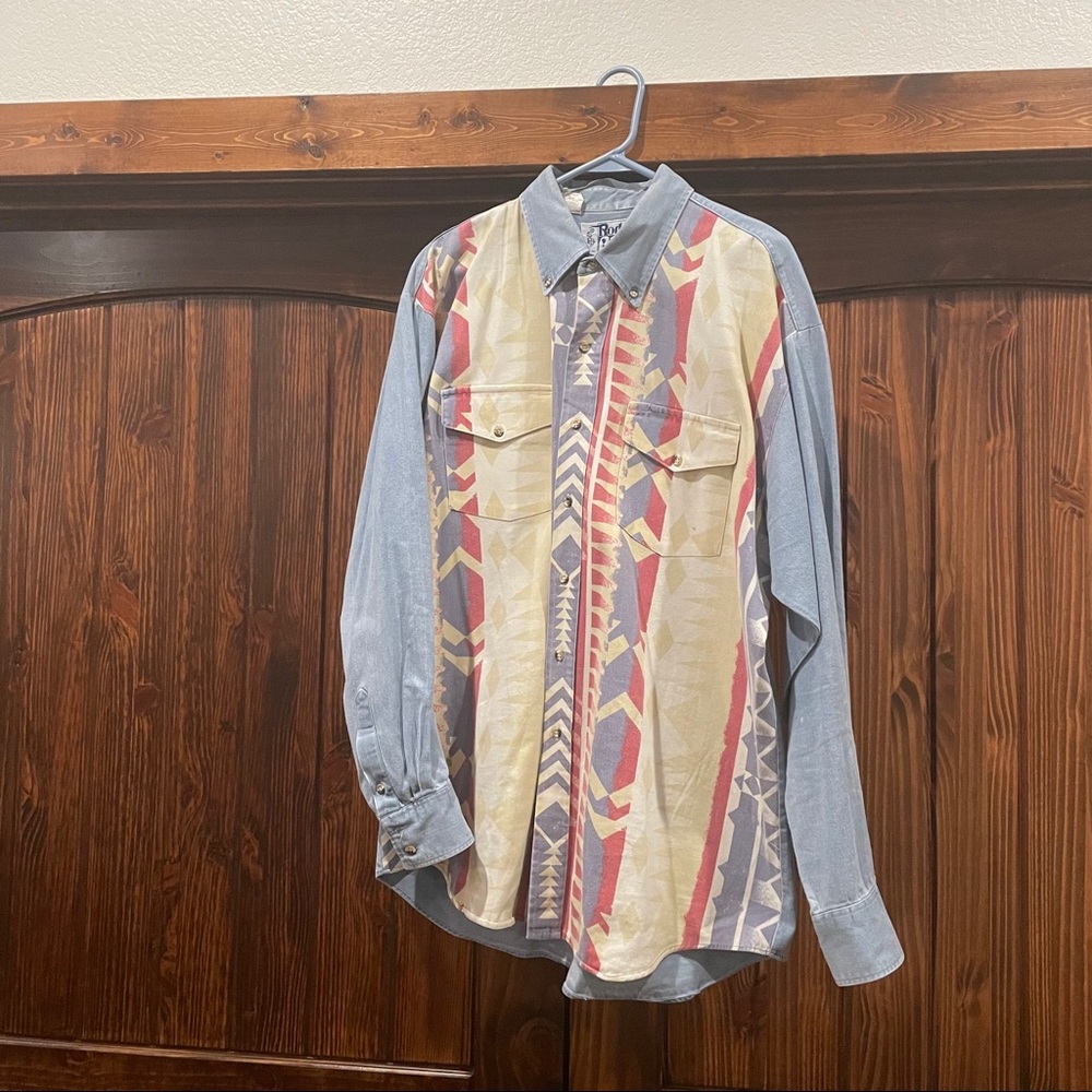 Vintage Roper Rodeo Blue Aztec Western Denim Shirt